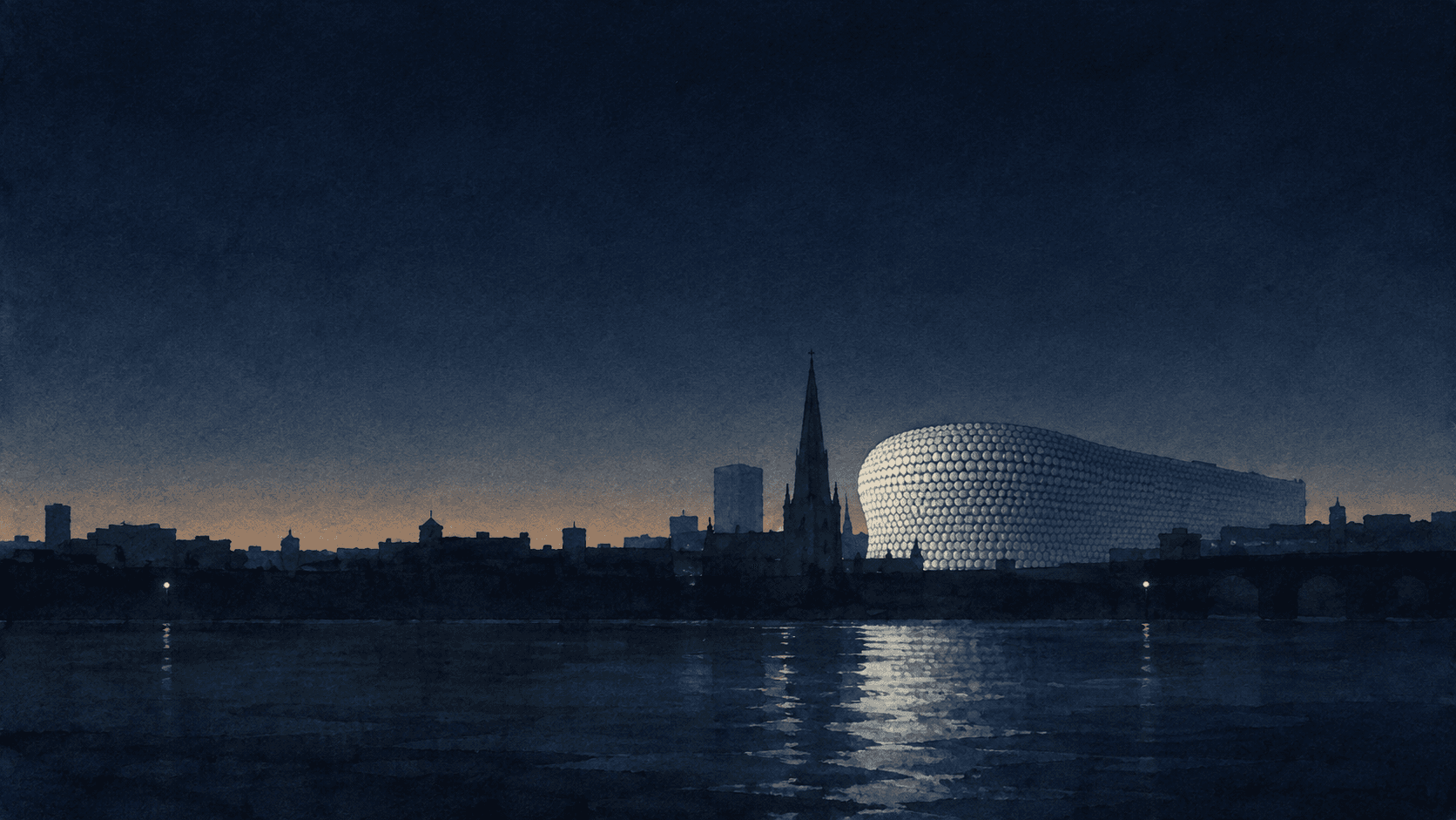 A painting of Birmingham at dusk